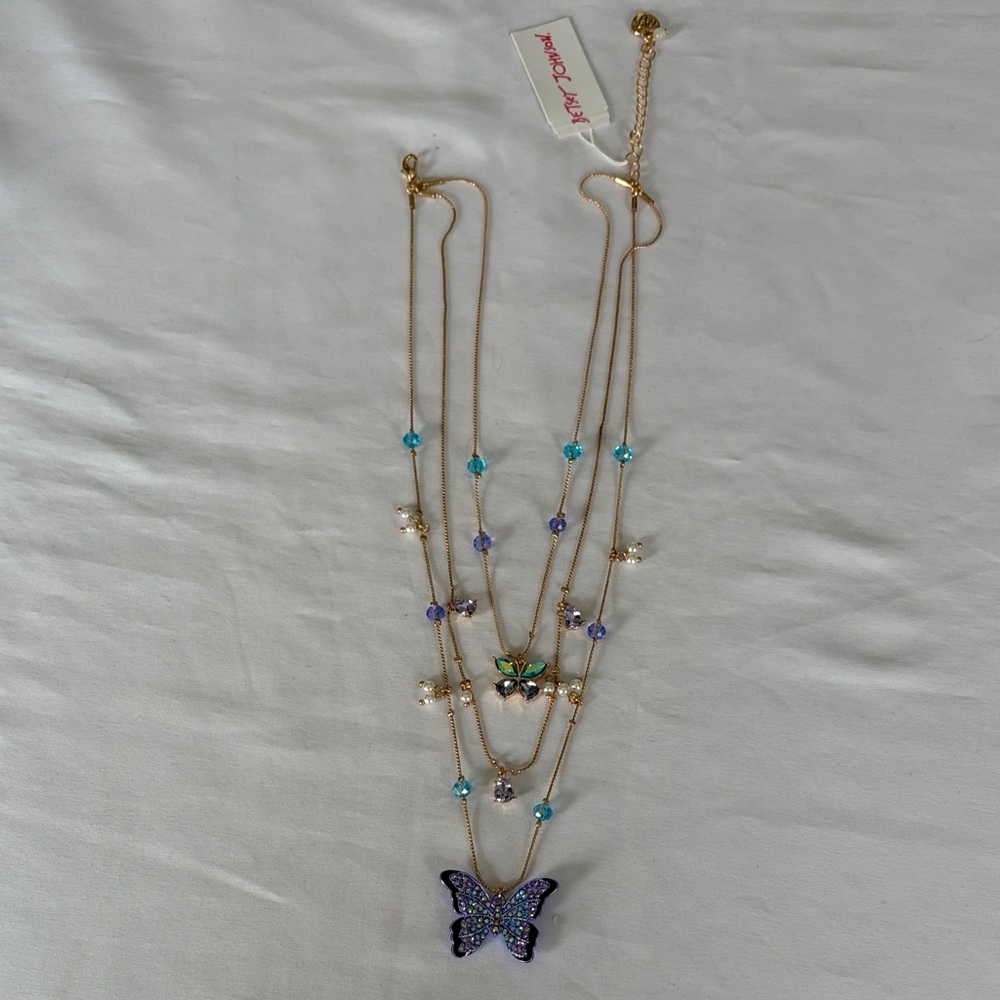 Betsey Johnson Gold Multi Layer Necklace with Purple Butterfly NWT